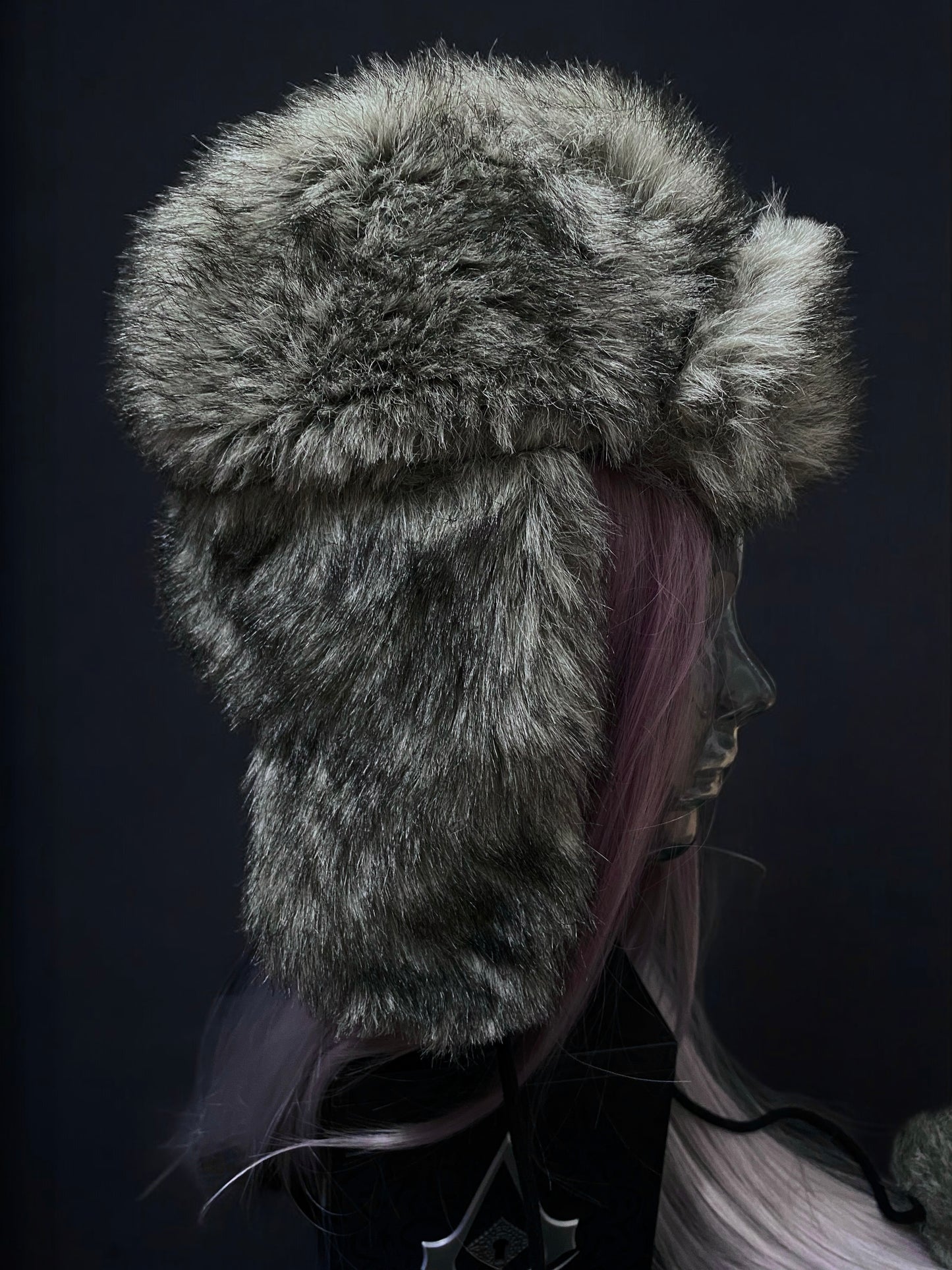 Y2K Grey Cyber Grunge Faux Fur Trapper Hat