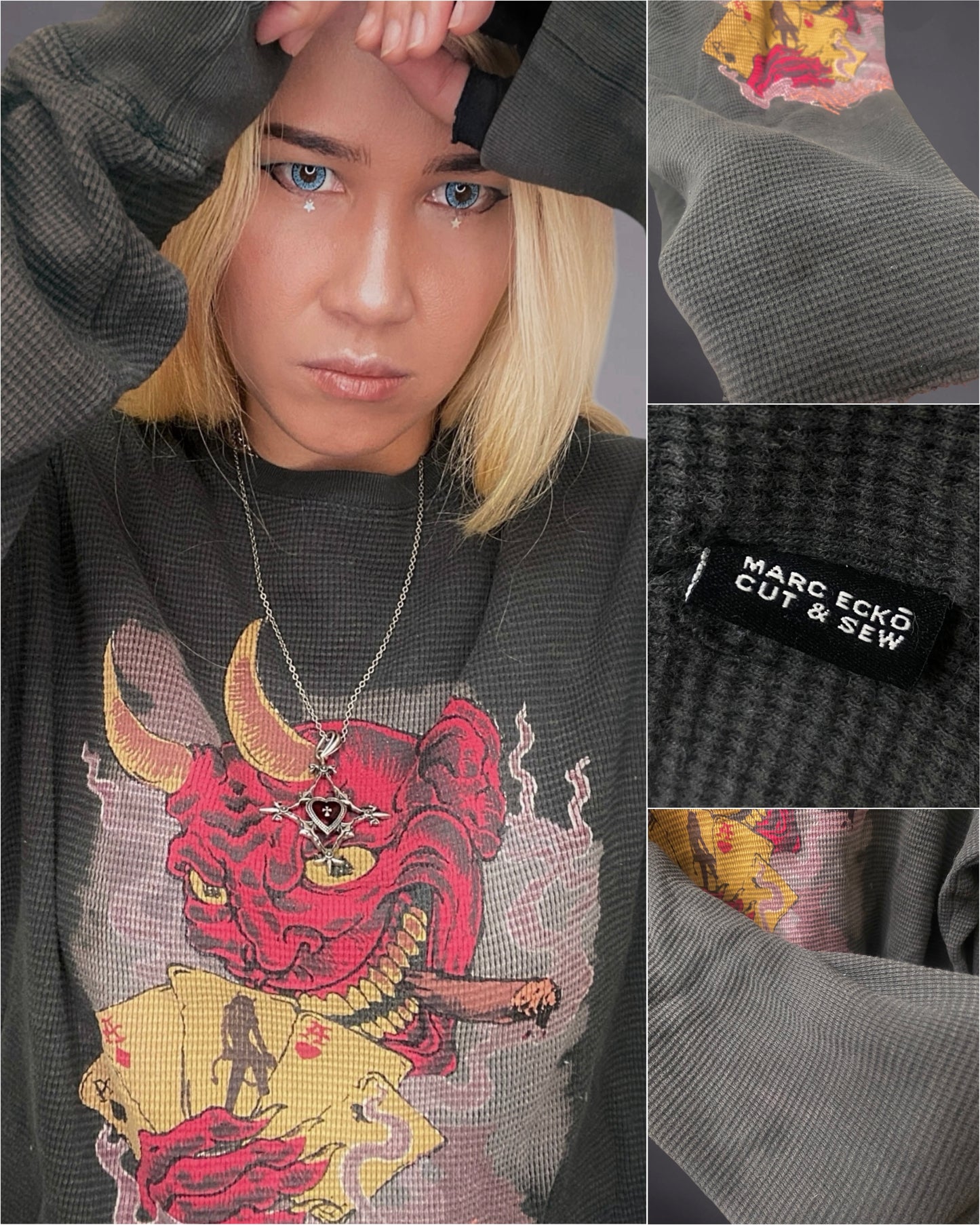Vintage 00s Marc Ecko Thermal Knit The Devil’s Hand Sweater