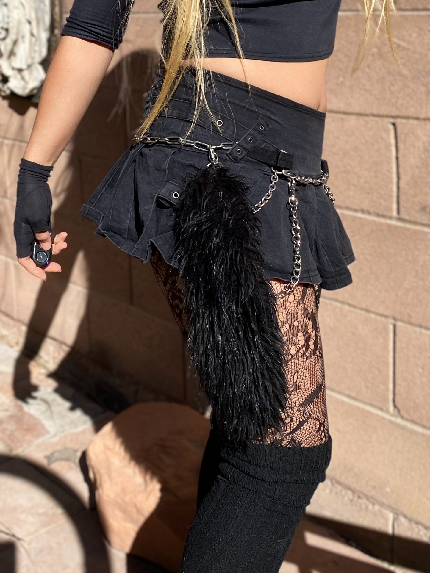 Y2K Black Faux Fur Tail + Biker Chain