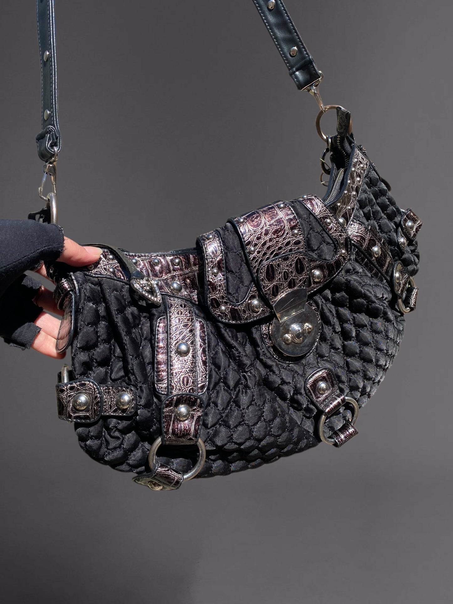 Vintage Goth Y2K Quilted Embellished Shoulder Bag