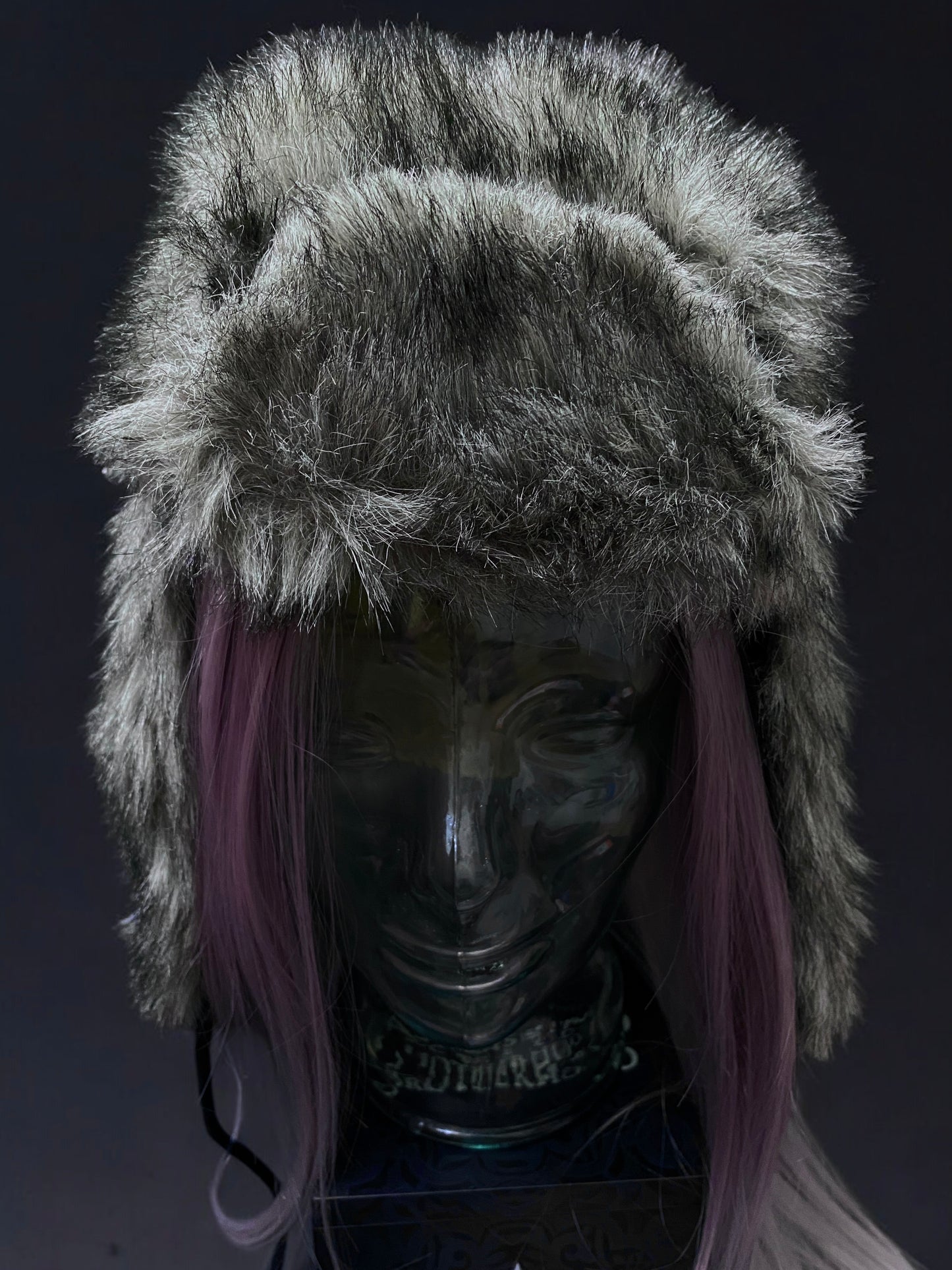 Y2K Grey Cyber Grunge Faux Fur Trapper Hat