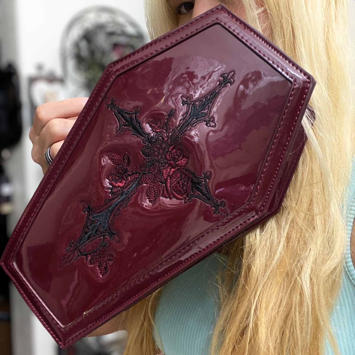 Blood Red Cross + Roses Goth Whimsigoth Coffin Cosmetic Purse