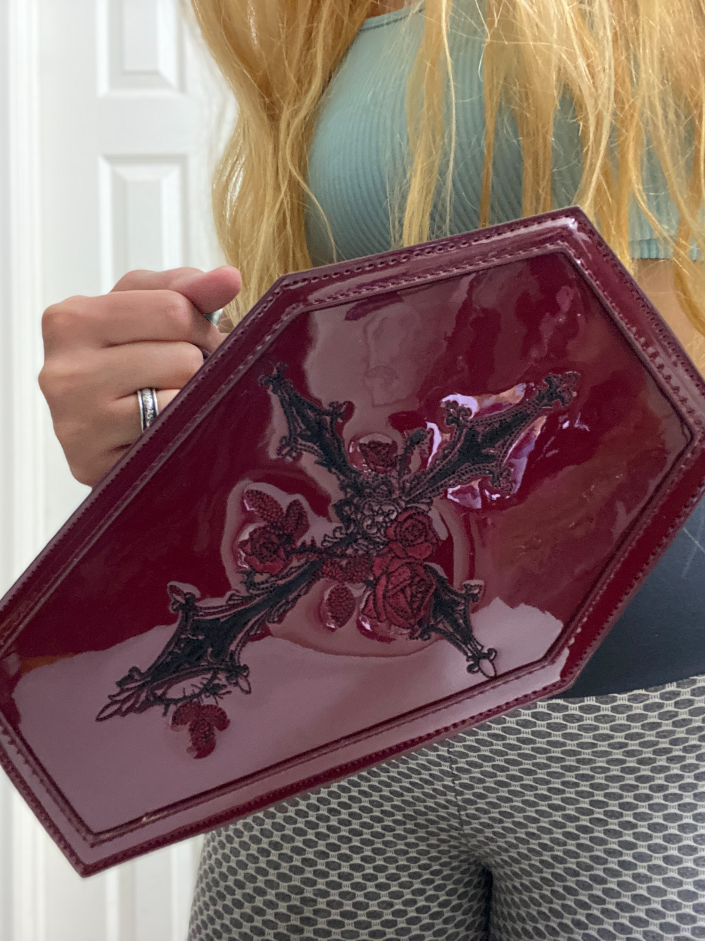 Blood Red Cross + Roses Goth Whimsigoth Coffin Cosmetic Purse