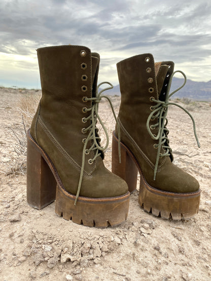 Vintage Jeffrey Campbell Olive Green Genuine Nubuck Leather Sherpa Wood Platform Boots