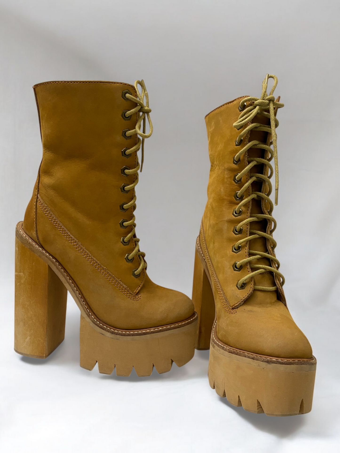 Vintage Jeffrey Campbell Tan In Charge Nubuck Leather Shearling Wood Platform Boots
