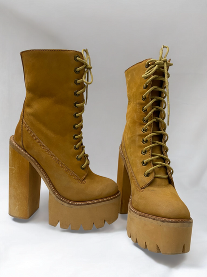 Vintage Jeffrey Campbell Tan In Charge Nubuck Leather Shearling Wood Platform Boots