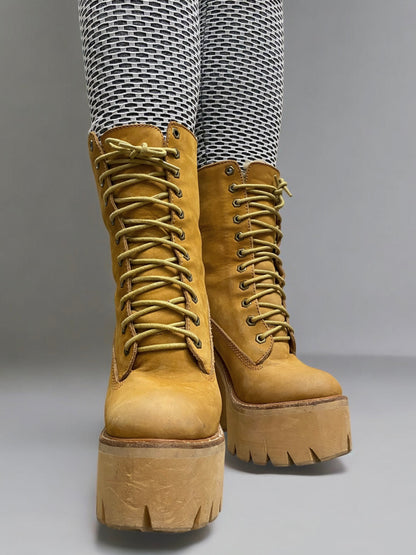 Vintage Jeffrey Campbell Tan In Charge Nubuck Leather Shearling Wood Platform Boots