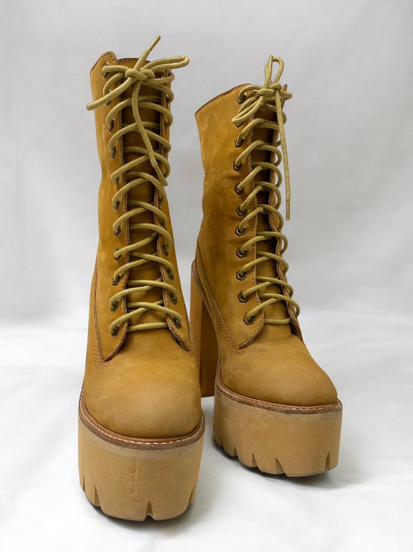 Vintage Jeffrey Campbell Tan In Charge Nubuck Leather Shearling Wood Platform Boots