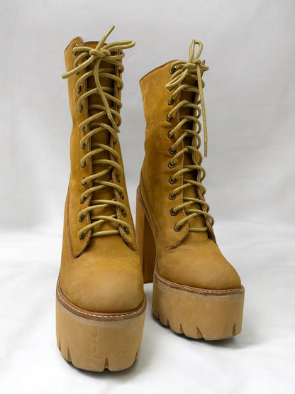 Vintage Jeffrey Campbell Tan In Charge Nubuck Leather Shearling Wood Platform Boots
