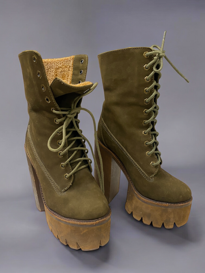 Vintage Jeffrey Campbell Olive Green Genuine Nubuck Leather Sherpa Wood Platform Boots