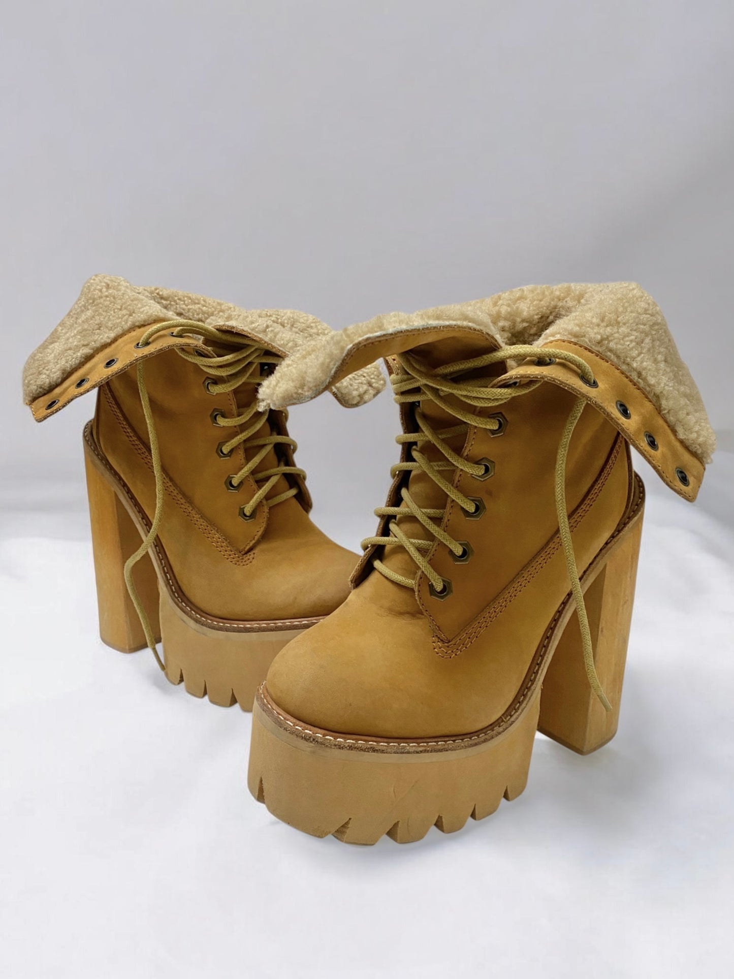 Vintage Jeffrey Campbell Tan In Charge Nubuck Leather Shearling Wood Platform Boots