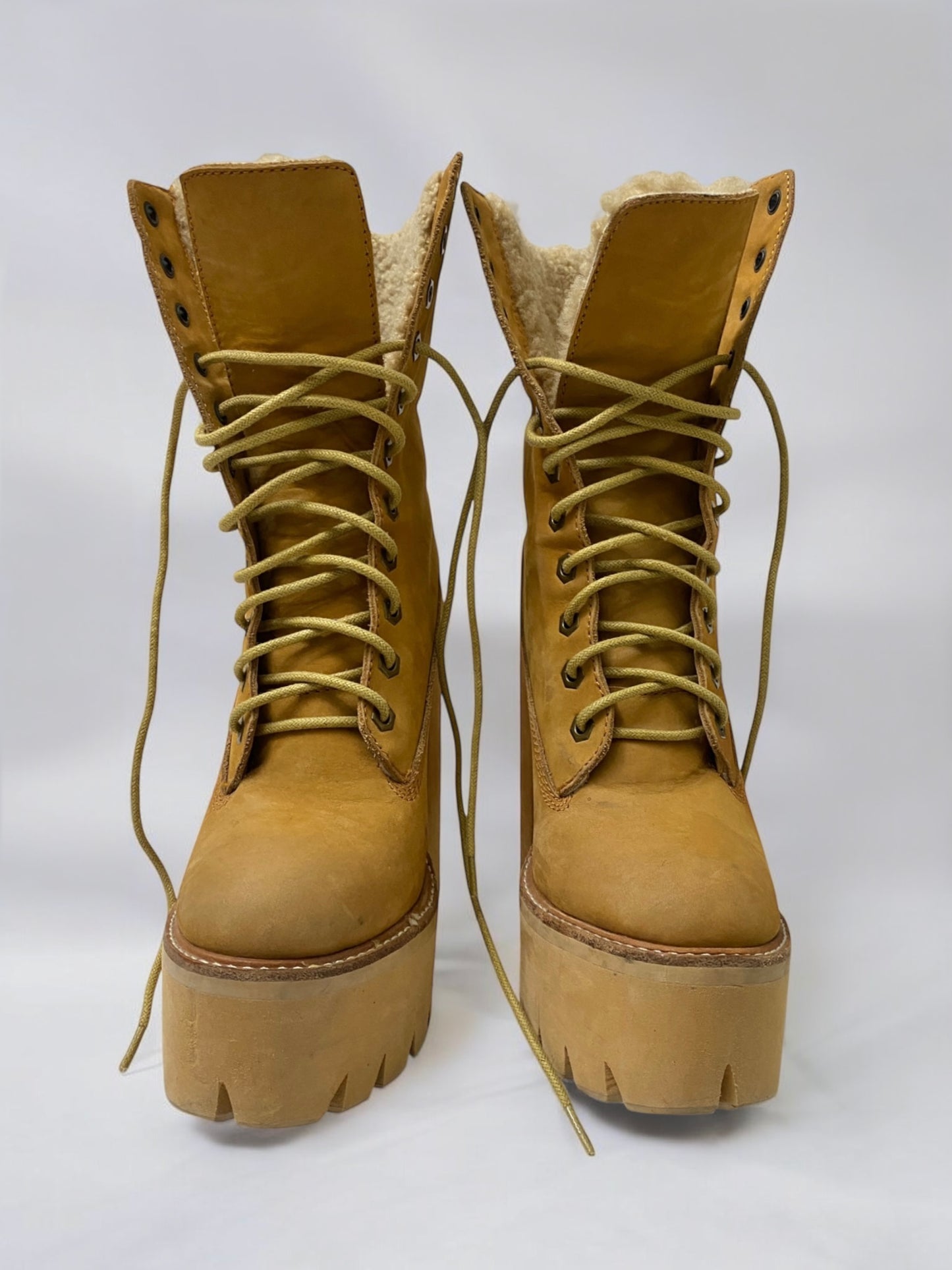 Vintage Jeffrey Campbell Tan In Charge Nubuck Leather Shearling Wood Platform Boots