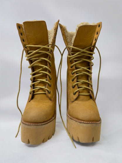 Vintage Jeffrey Campbell Tan In Charge Nubuck Leather Shearling Wood Platform Boots