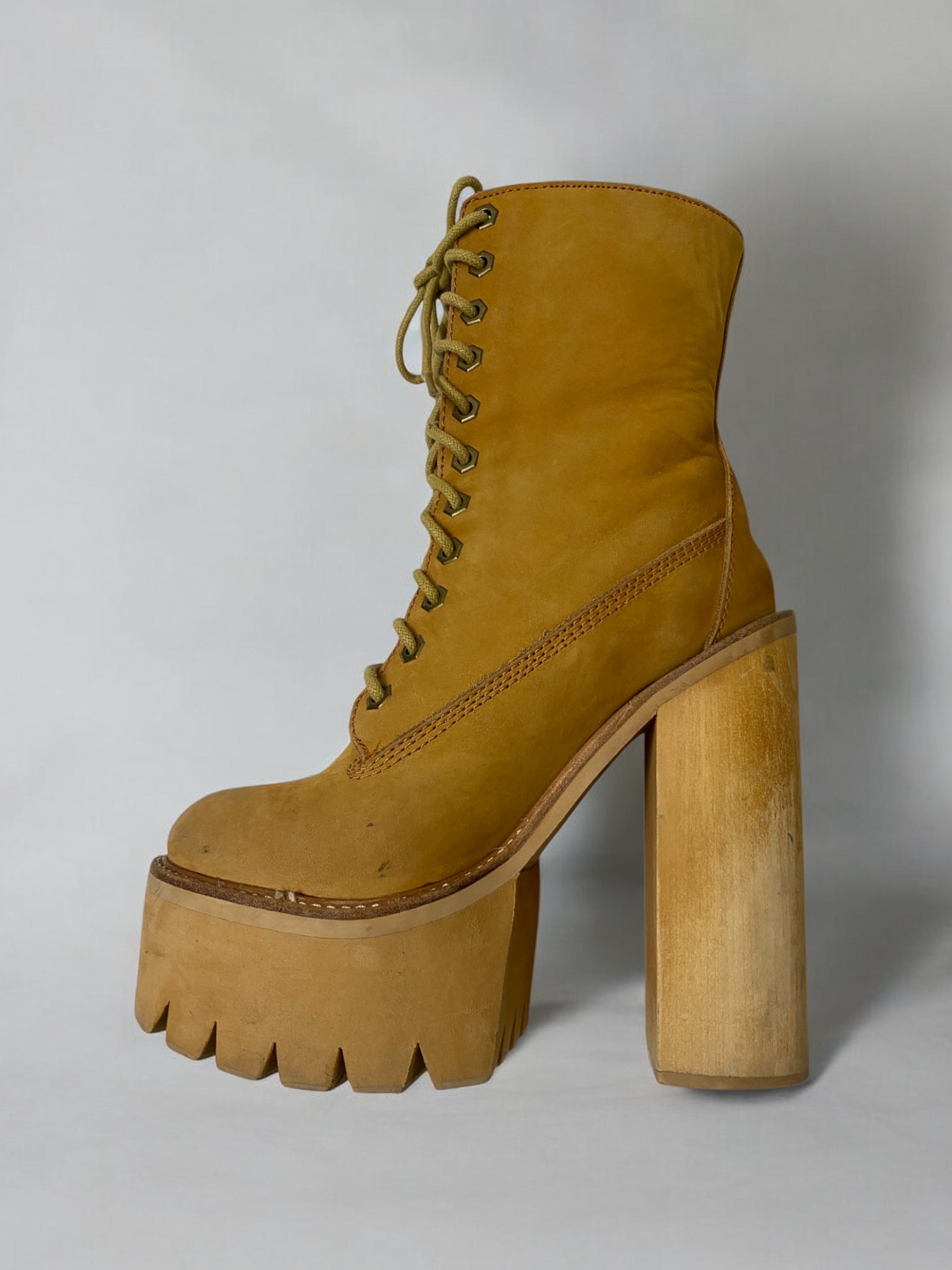 Vintage Jeffrey Campbell Tan In Charge Nubuck Leather Shearling Wood Platform Boots