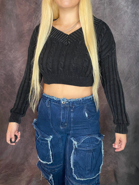 Asphalt Black Cable Knit Cropped V-Neck Sweater