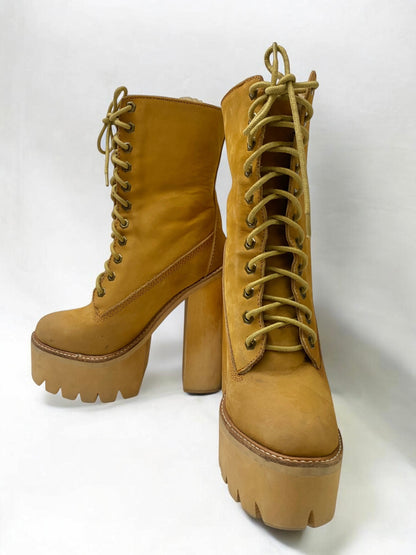 Vintage Jeffrey Campbell Tan In Charge Nubuck Leather Shearling Wood Platform Boots