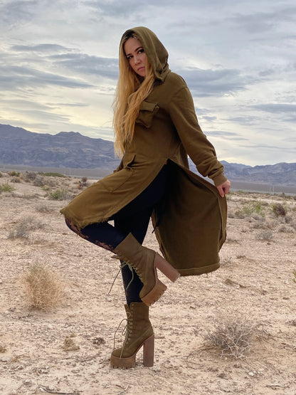 Vintage Jeffrey Campbell Olive Green Genuine Nubuck Leather Sherpa Wood Platform Boots