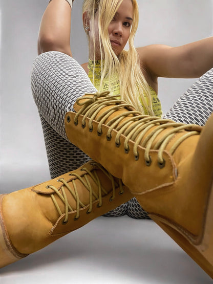 Vintage Jeffrey Campbell Tan In Charge Nubuck Leather Shearling Wood Platform Boots