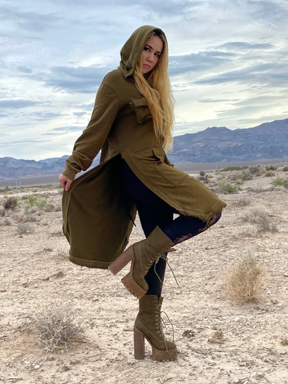 Vintage Jeffrey Campbell Olive Green Genuine Nubuck Leather Sherpa Wood Platform Boots