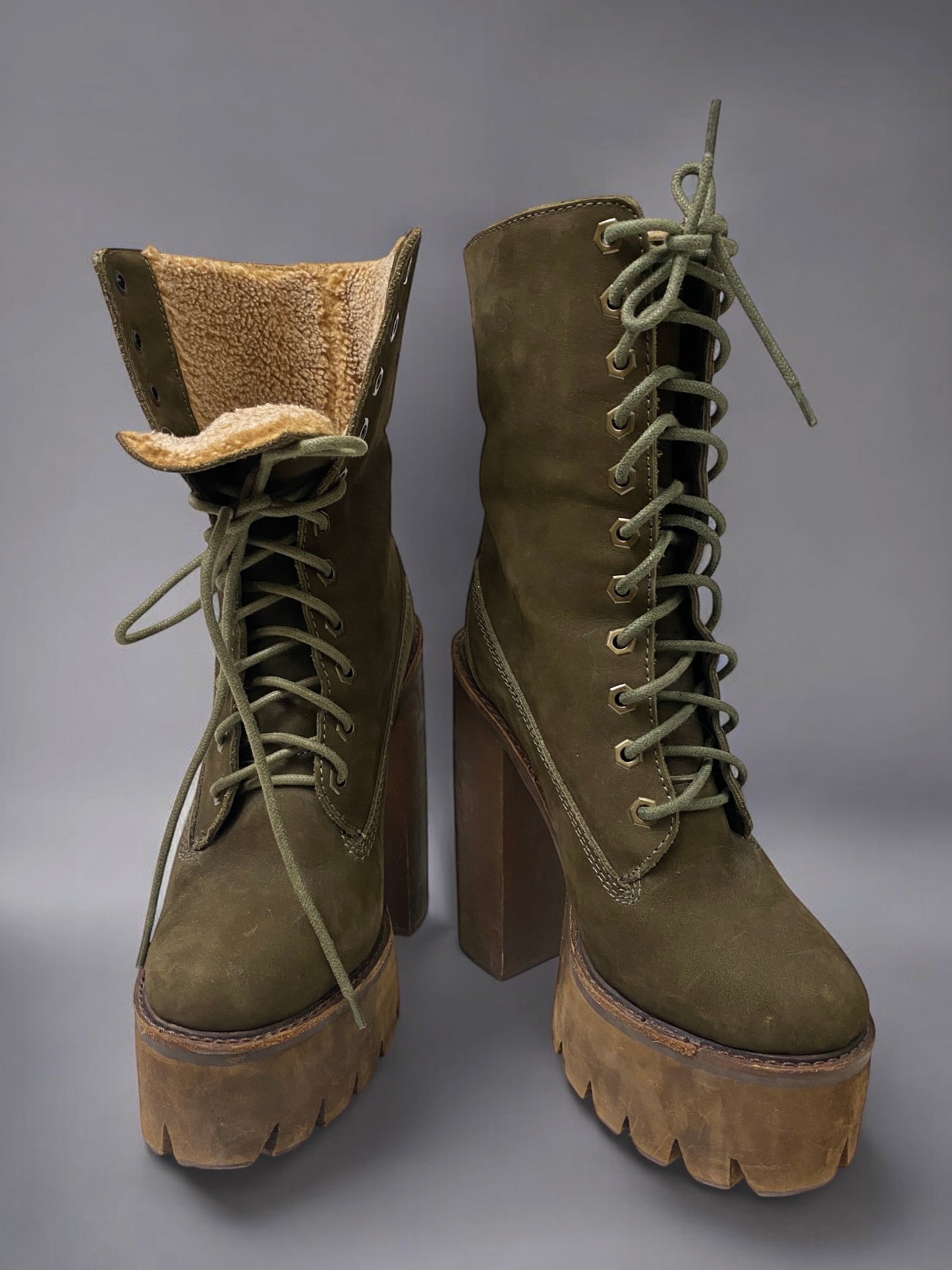 Vintage Jeffrey Campbell Olive Green Genuine Nubuck Leather Sherpa Wood Platform Boots