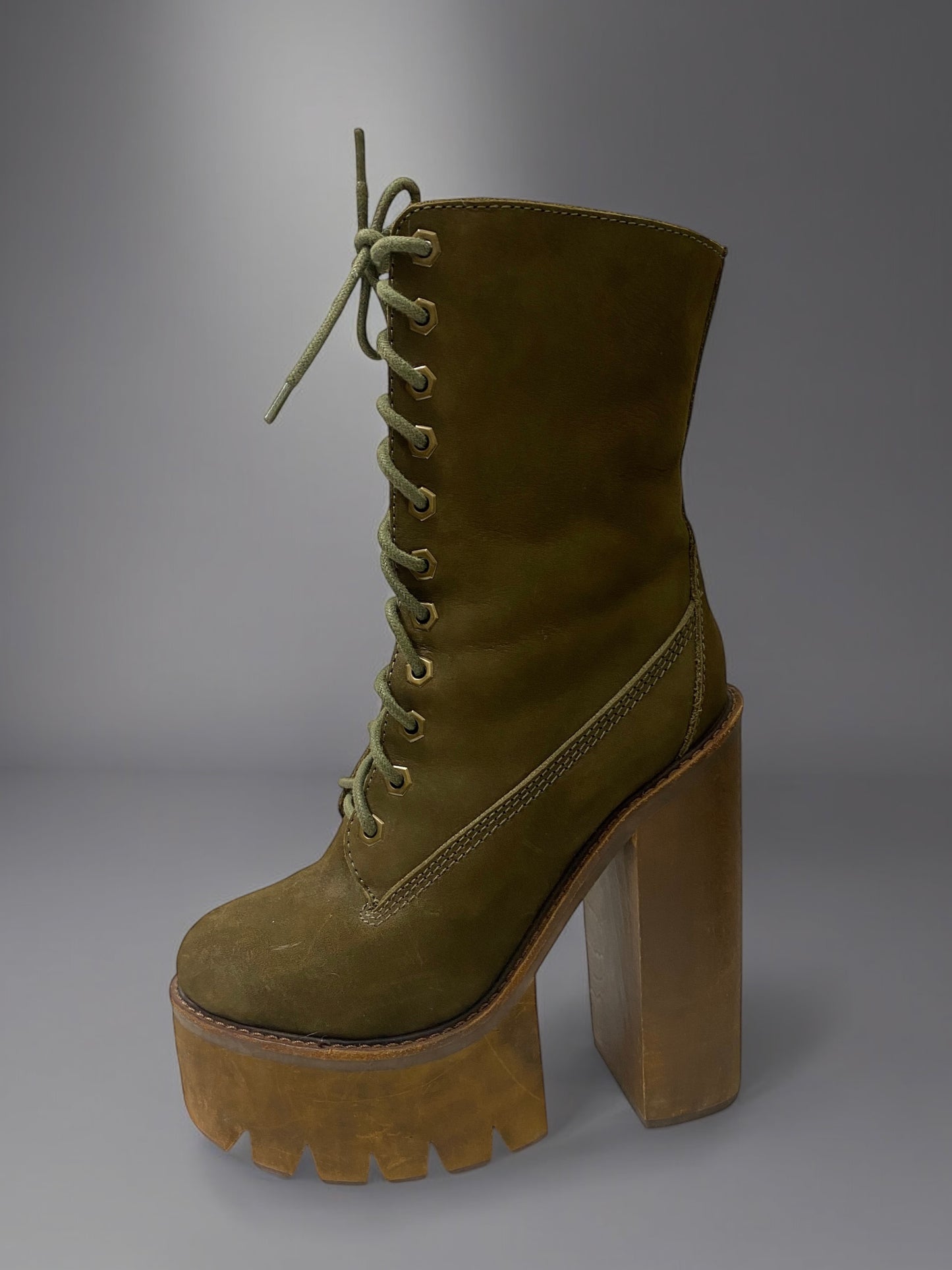 Vintage Jeffrey Campbell Olive Green Genuine Nubuck Leather Sherpa Wood Platform Boots