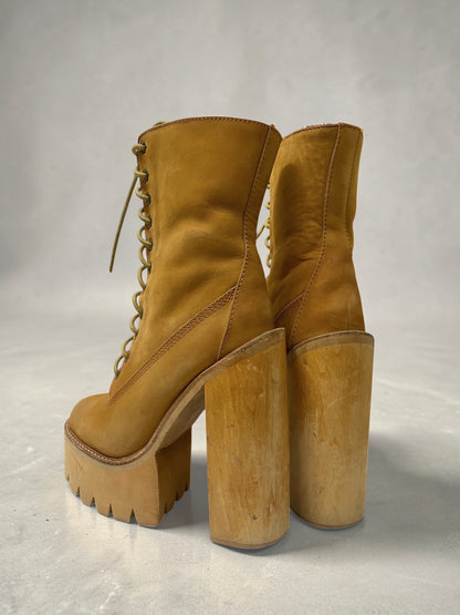 Vintage Jeffrey Campbell Tan In Charge Nubuck Leather Shearling Wood Platform Boots