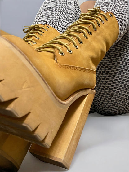 Vintage Jeffrey Campbell Tan In Charge Nubuck Leather Shearling Wood Platform Boots