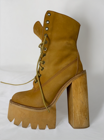 Vintage Jeffrey Campbell Tan In Charge Nubuck Leather Shearling Wood Platform Boots