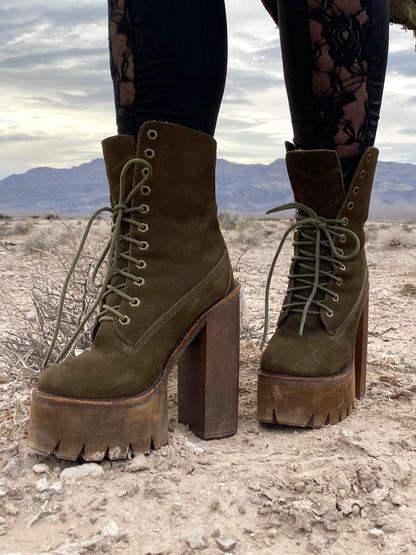 Vintage Jeffrey Campbell Olive Green Genuine Nubuck Leather Sherpa Wood Platform Boots