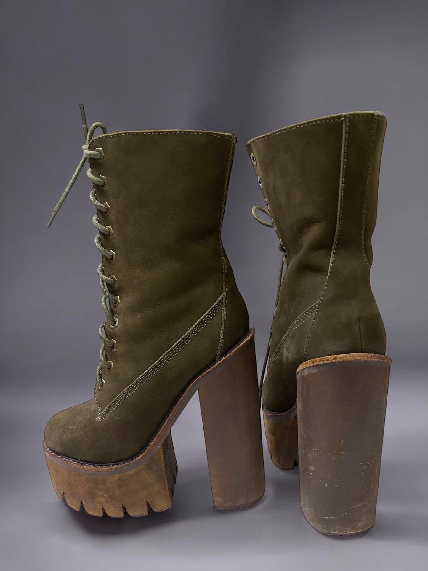 Vintage Jeffrey Campbell Olive Green Genuine Nubuck Leather Sherpa Wood Platform Boots
