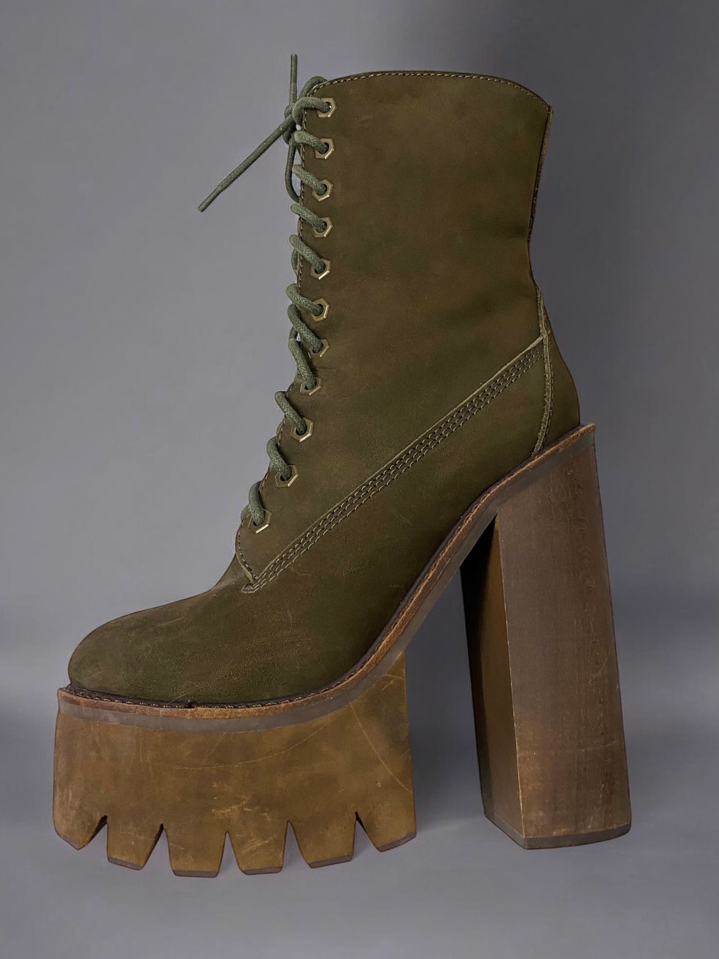 Vintage Jeffrey Campbell Olive Green Genuine Nubuck Leather Sherpa Wood Platform Boots