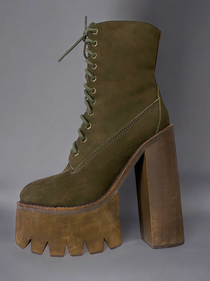 Vintage Jeffrey Campbell Olive Green Genuine Nubuck Leather Sherpa Wood Platform Boots