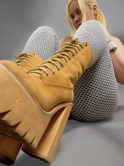 Vintage Jeffrey Campbell Tan In Charge Nubuck Leather Shearling Wood Platform Boots