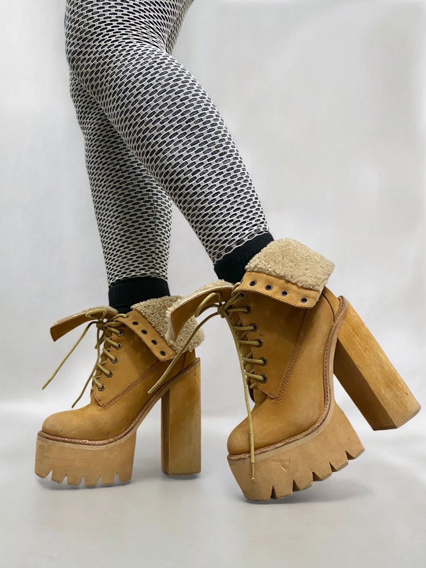 Vintage Jeffrey Campbell Tan In Charge Nubuck Leather Shearling Wood Platform Boots