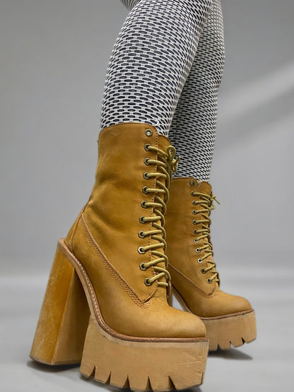 Vintage Jeffrey Campbell Tan In Charge Nubuck Leather Shearling Wood Platform Boots
