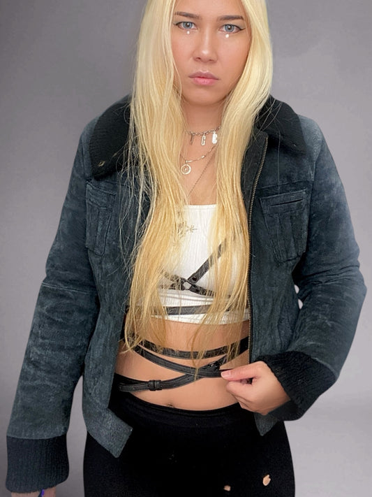 Vintage 90s Genuine Suede Bomber Jacket Utility Minimalist Winter