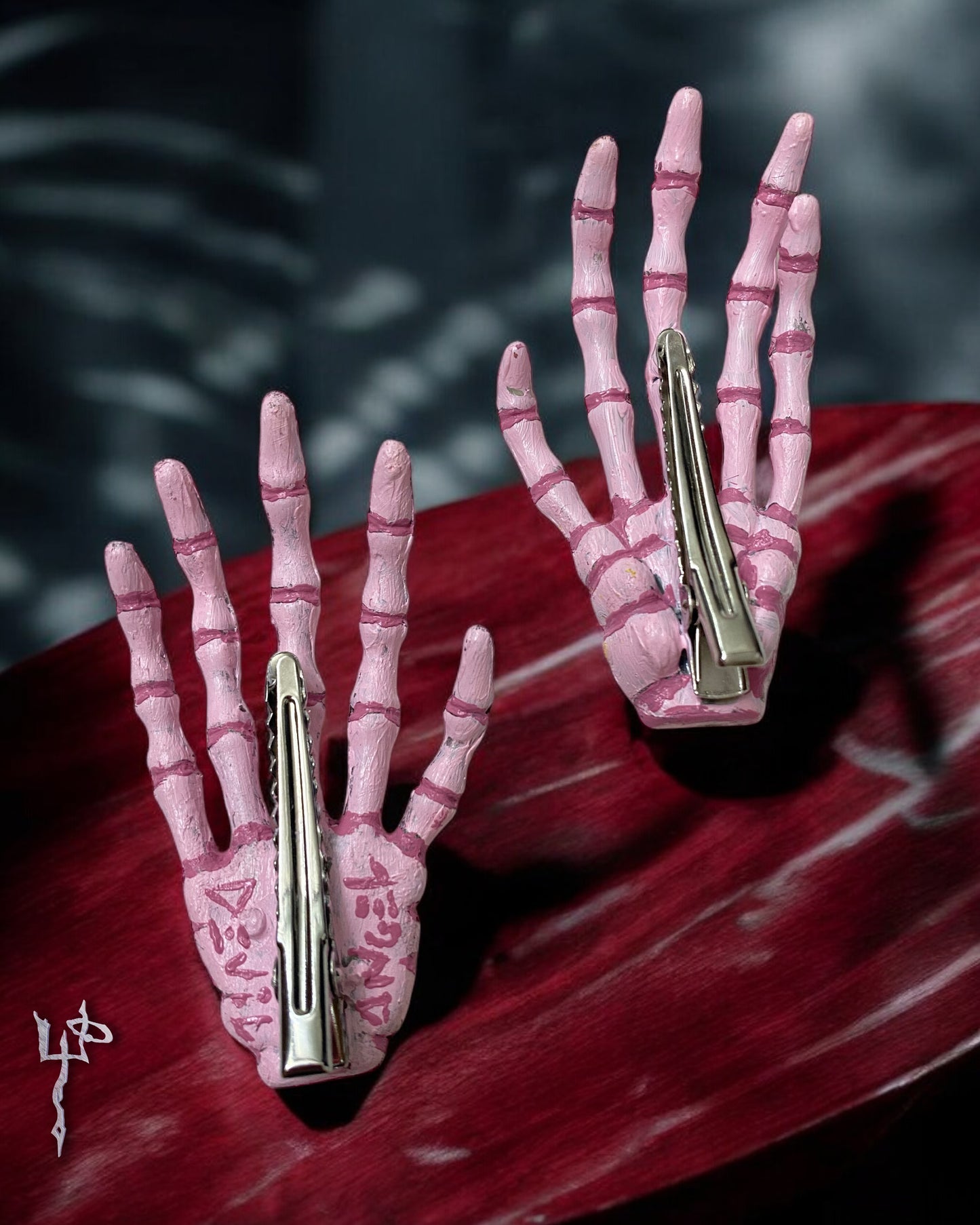 Custom Hand Painted Pastel Pink Skeletal Hands Hairclips