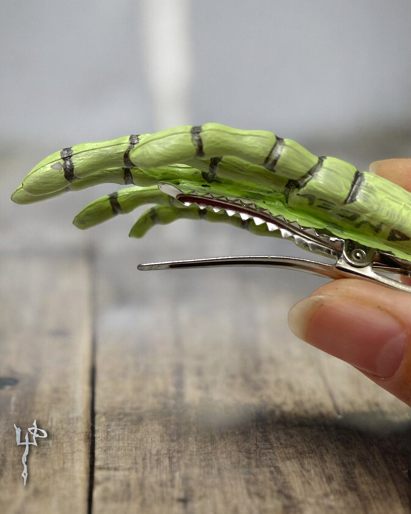 Custom Hand Painted Muted Apparition Green Skeleton Bone Hands Hairclips