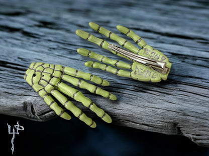 Custom Hand Painted Muted Apparition Green Skeleton Bone Hands Hairclips